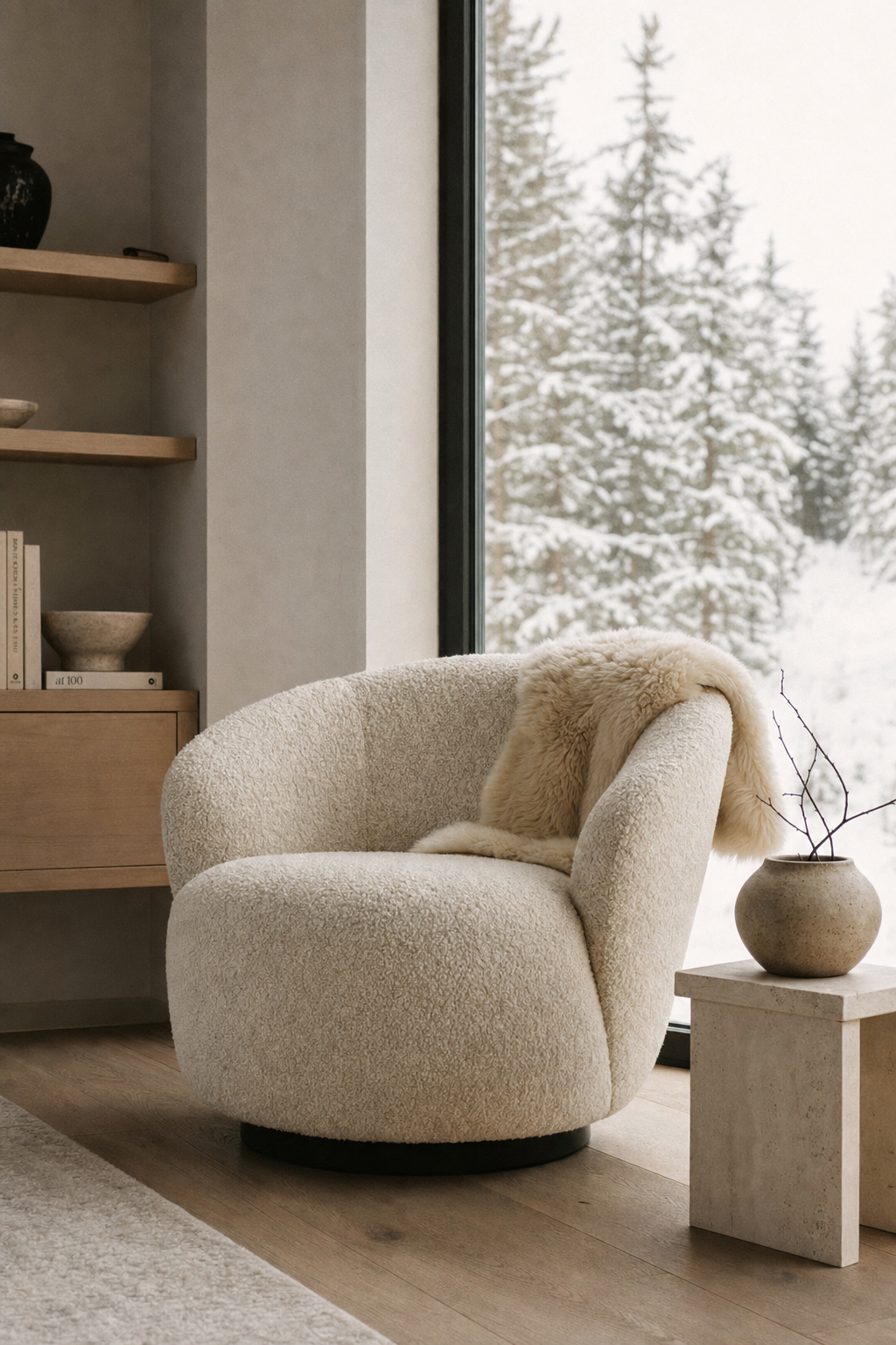 Bouclé lounge chair in a sunlit reading nook