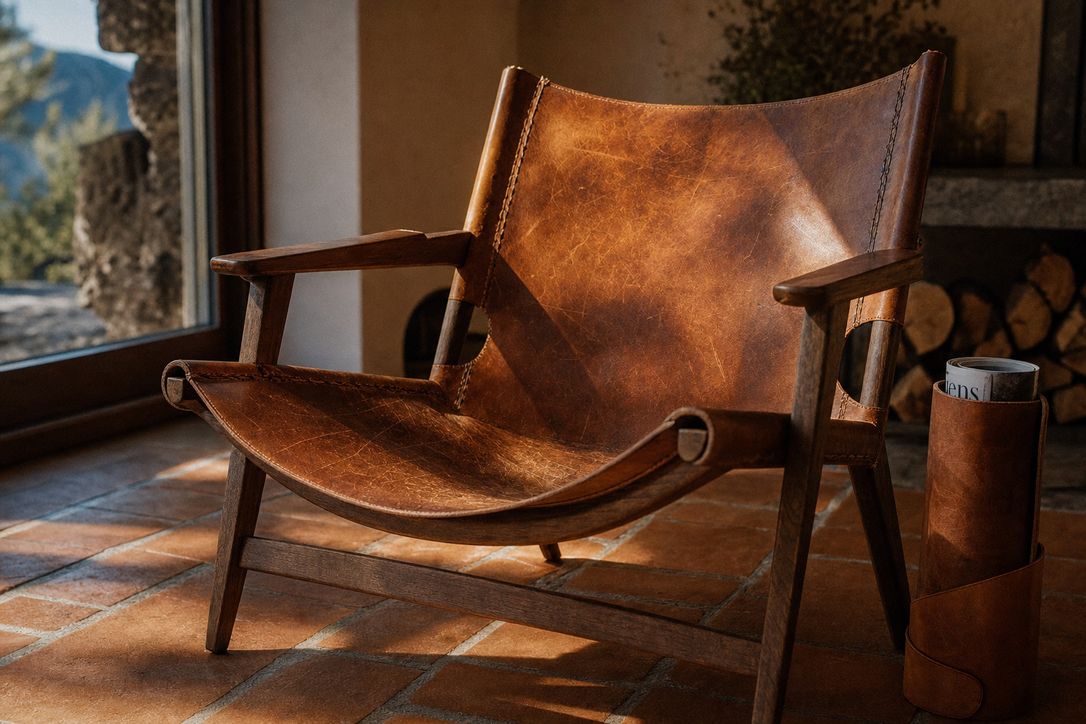 Full-grain saddle leather chair in a mountain study