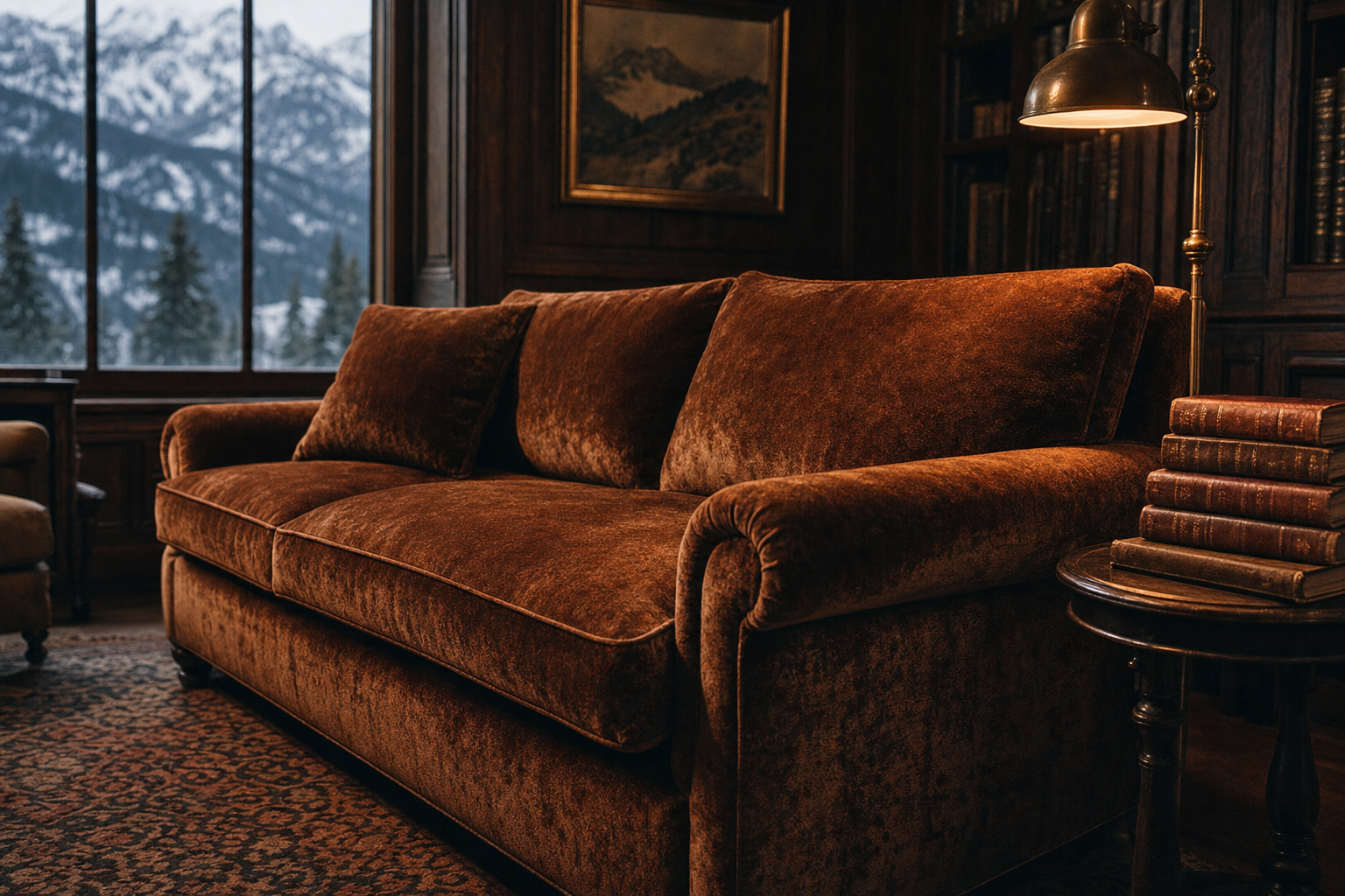 Mohair velvet armchair by a stone fireplace