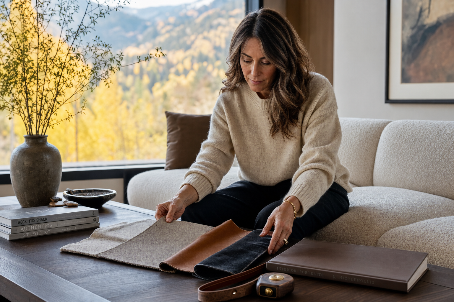 An interior designer at work with Vail Cowboy fabric swatches