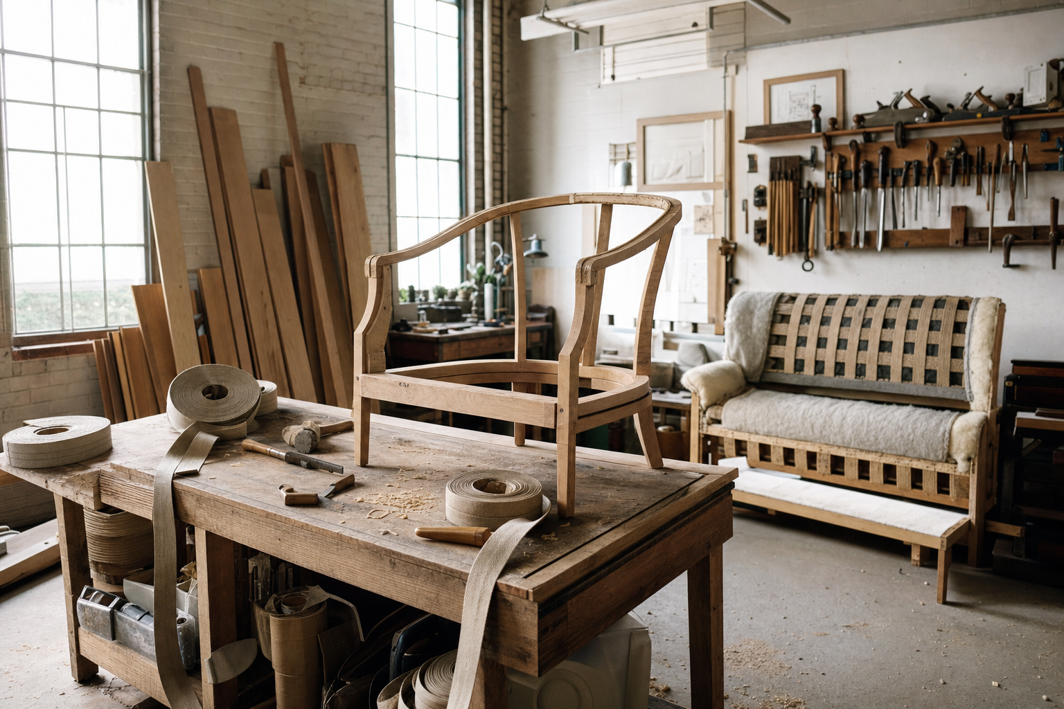 An unfinished chair frame in the Vail Cowboy build room
